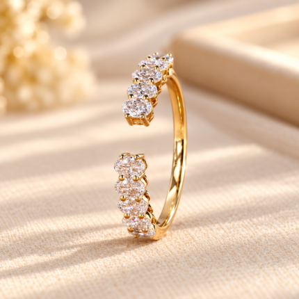 Angled studio view of open gap oval lab diamond wedding band