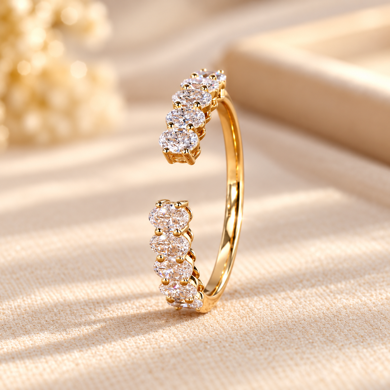 Gold Diamond Open Cuff Ring Open Gap Oval Lab Grown Diamond Band, Custom Wedding Band for Bridal Sets, Half Eternity Oval Diamond Band, Anniversary Ring for Her - Image 1