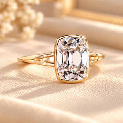 Old mine cushion bezel ring, angled front view on cream fabric