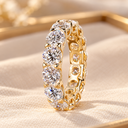 Round diamond eternity band, upright view on cream fabric