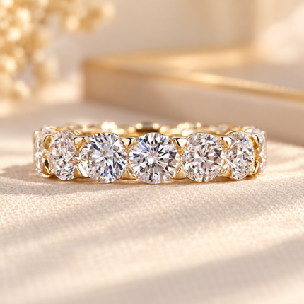 Round diamond eternity band, close front view of the diamond row