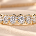 Half Bezel Wedding Band Six Stone Ring, 4mm Round Brilliant Moissanite Band Yellow Gold, Gifts for Her, Vintage Inspired Band for Women
