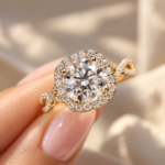 Round Moissanite Halo Engagement Ring with Twisted Pave Setting, Hidden Infinity Symbol Ring, Moissanite Wedding Ring, Anniversary Gift Ring