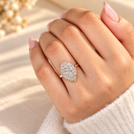 Oval lab diamond sunburst ring on a relaxed hand