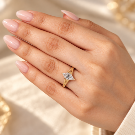 Hexagon lab diamond filigree engagement ring, angled view on a manicured hand