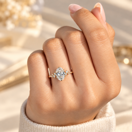 Oval cluster diamond ring on a curled hand, showing the center and clustered shoulder accents