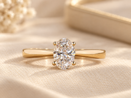 Oval cathedral solitaire ring with a colorless oval diamond and polished gold tone band, front view