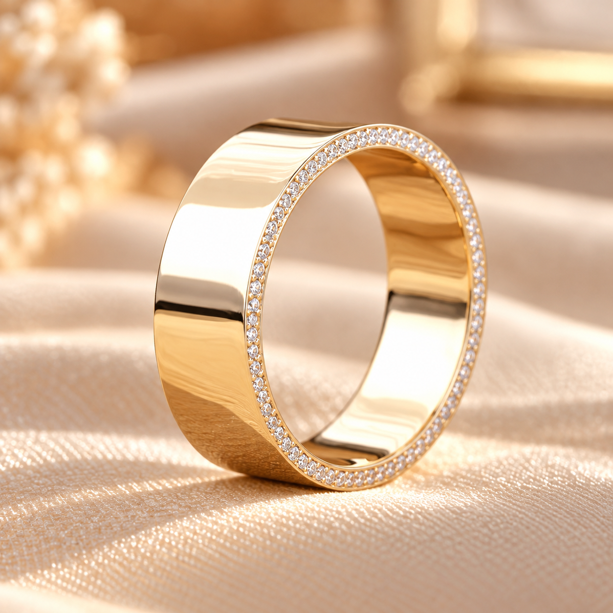 Golden Pavé Rim Ring in Warm Bokeh Round Lab Grown Diamond Men's Wedding Ring, Lab Created Diamond Wedding Band, Comfort Fit Ring, Diamond Ring Gift for Him, Solid Gold Ring - Image 1