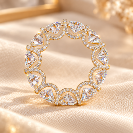 Micro pave eternity band with triangular main stones and curved diamond accented gallery, front circular view