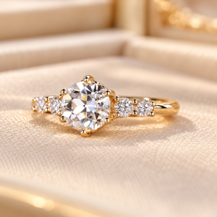 Front view of the round center and four graduated side diamonds