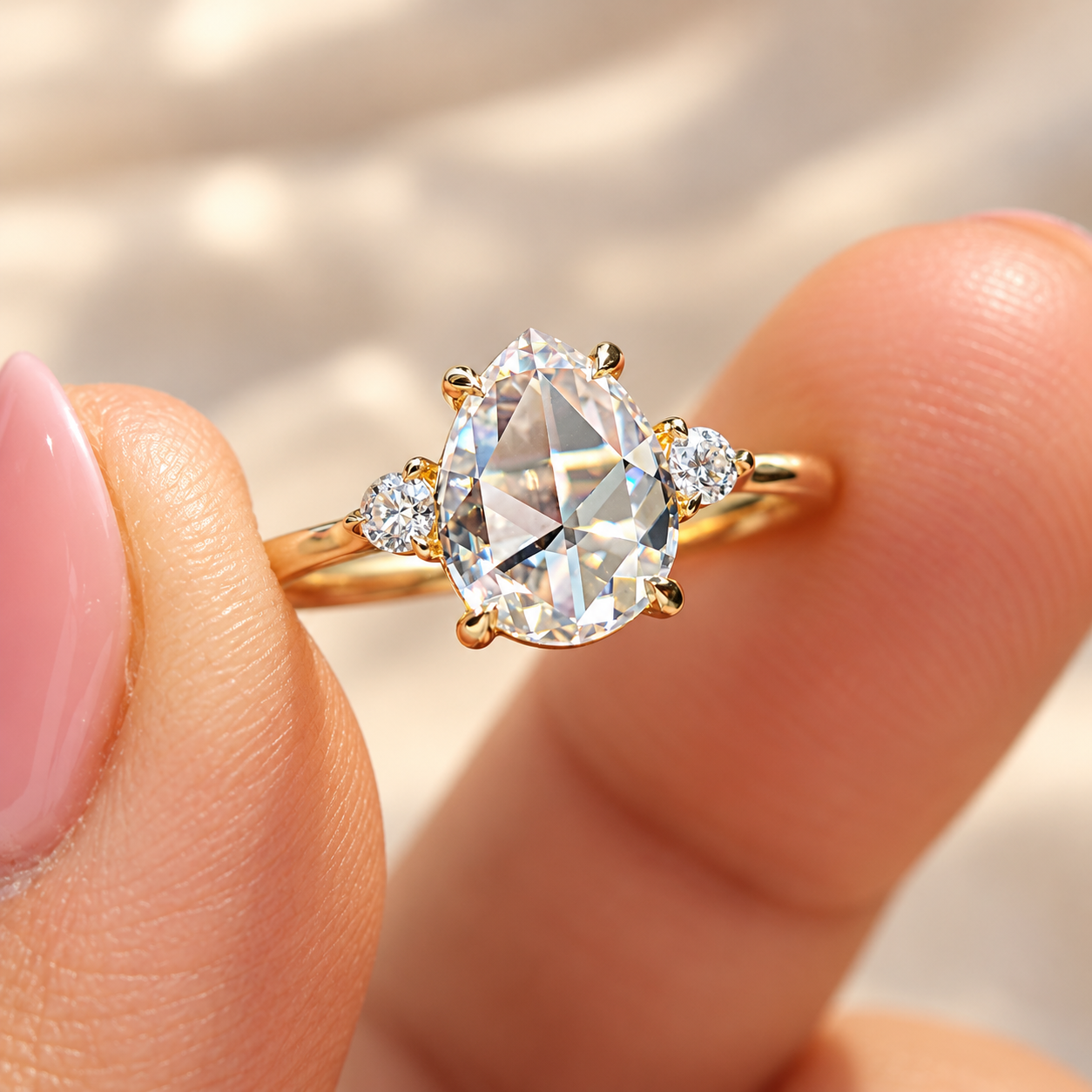 Golden Solitaire Ring in Warm Light (1) Rose Cut Moissanite Three Stone Engagement Ring, Pear Moissanite Wedding Ring for Her, Low Setting Anniversary Ring for Women, Promise Ring - Image 1