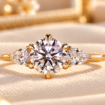 Trilogy Engagement Ring Gold, Lab Grown Diamond Ring, Round and Pear Three Stone Ring, Wedding Anniversary Gift for Her
