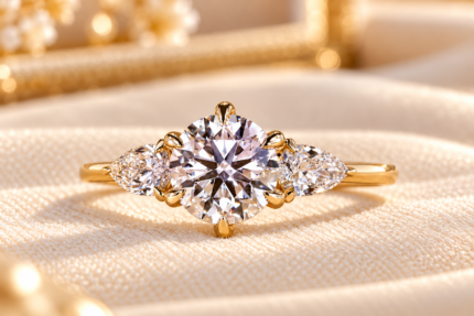 Front studio view of round lab diamond trilogy engagement ring