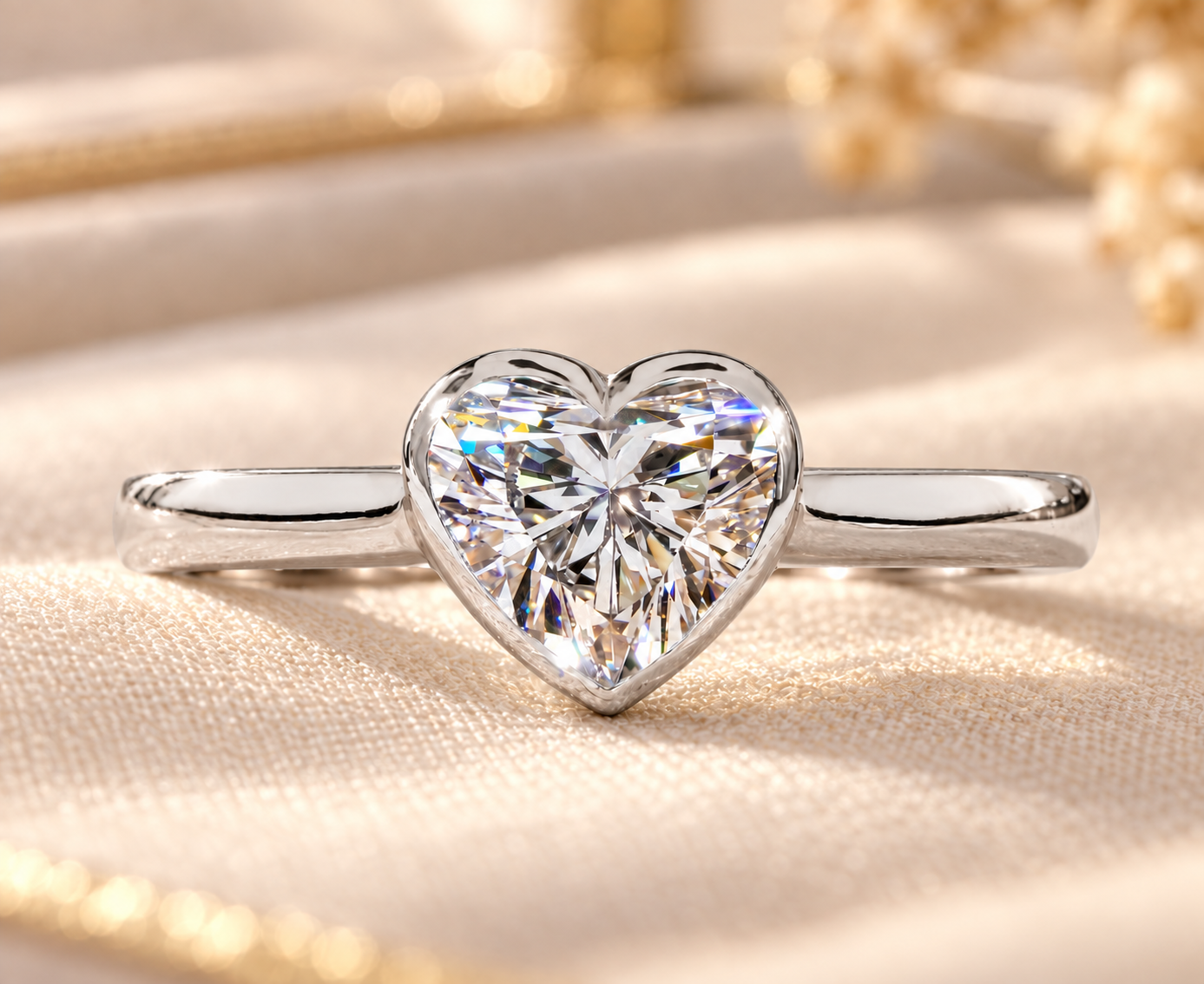 Heart-Shaped Diamond Ring on Ivory Fabric 1.00Ct Heart Shaped Lab Grown Diamond Ring,Solitaire Engagement Ring,IGI Certified Diamond Ring,Open Gallery Bezel Set Ring,Valentines Gifts - Image 1