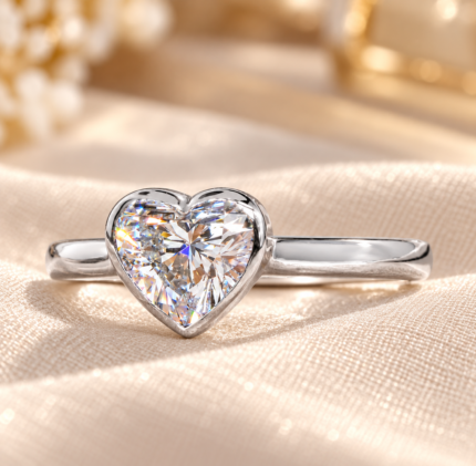 Front studio view of heart diamond bezel engagement ring