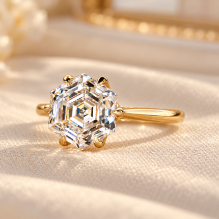 Angled front view of hexagon step cut lab diamond ring
