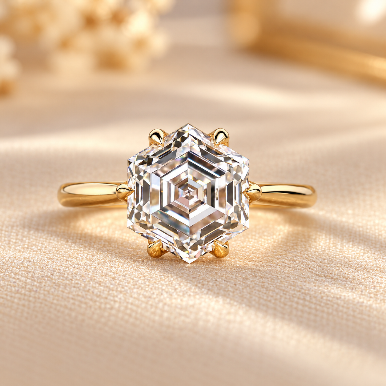 Hexagonal Diamond Ring on Creamy Satin 3 CT Hexagon Step Cut Lab Grown Diamond Ring, Tulip Solitaire Engagement Ring, IGI Certified Antique Diamond Wedding Ring, Anniversary Gifts - Image 1