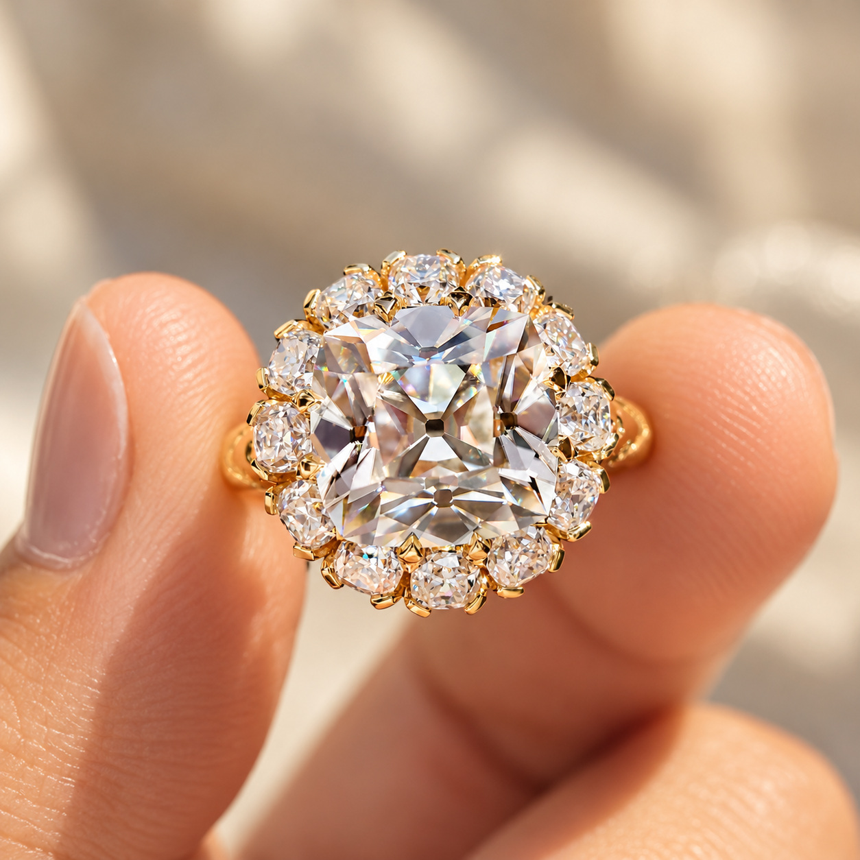 Luxurious Gold Halo Diamond Ring Vintage Inspired Cushion Old Mine Cut Moissanite Ring, Cluster Engagement Ring, Unique Heritage Wedding Ring for Her, Anniversary Gift Ring - Image 1