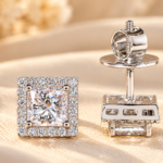 1.50TCW Princess Diamond Earrings,Lab Grown Studs,Halo Wedding Studs,Screw Back Stud,Anniversary Gifts