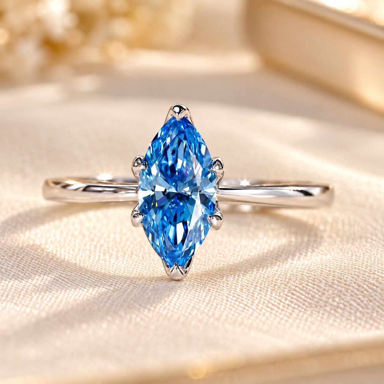 Marquise Blue Sapphire Ring on Silk Marquise Cut Blue Lab Grown Diamond Solitaire Engagement Ring in Tulip Basket Setting, IGI Certified Diamond Wedding Ring, Anniversary Gifts - Image 1