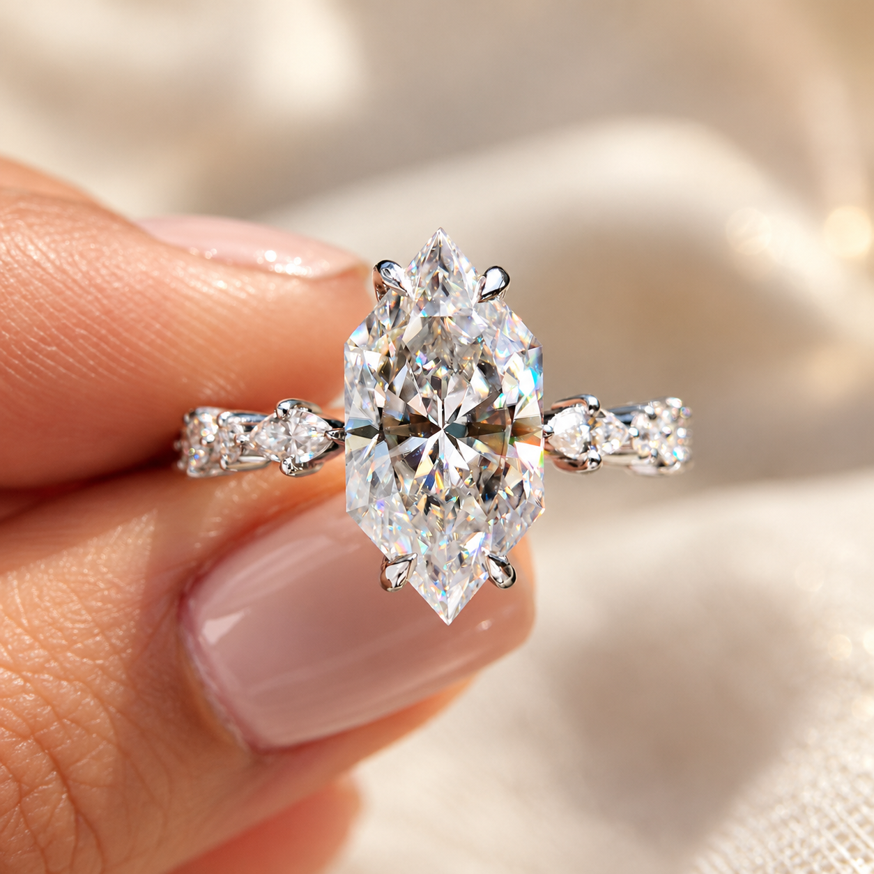 Marquise Diamond Engagement Ring Close-Up Dutch Marquise Cut Moissanite Engagement Ring, Hidden Halo, 3.30 TW Moissanite Wedding Ring, Claw Prongs, Ring For Women, Comfort Fit Ring - Image 1