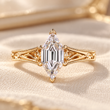 Hexagon lab diamond filigree engagement ring, center stone close-up on cream fabric