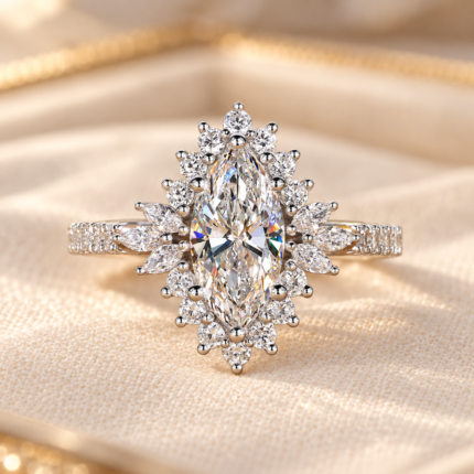 Front studio view of marquise lab grown diamond sunburst halo engagement ring