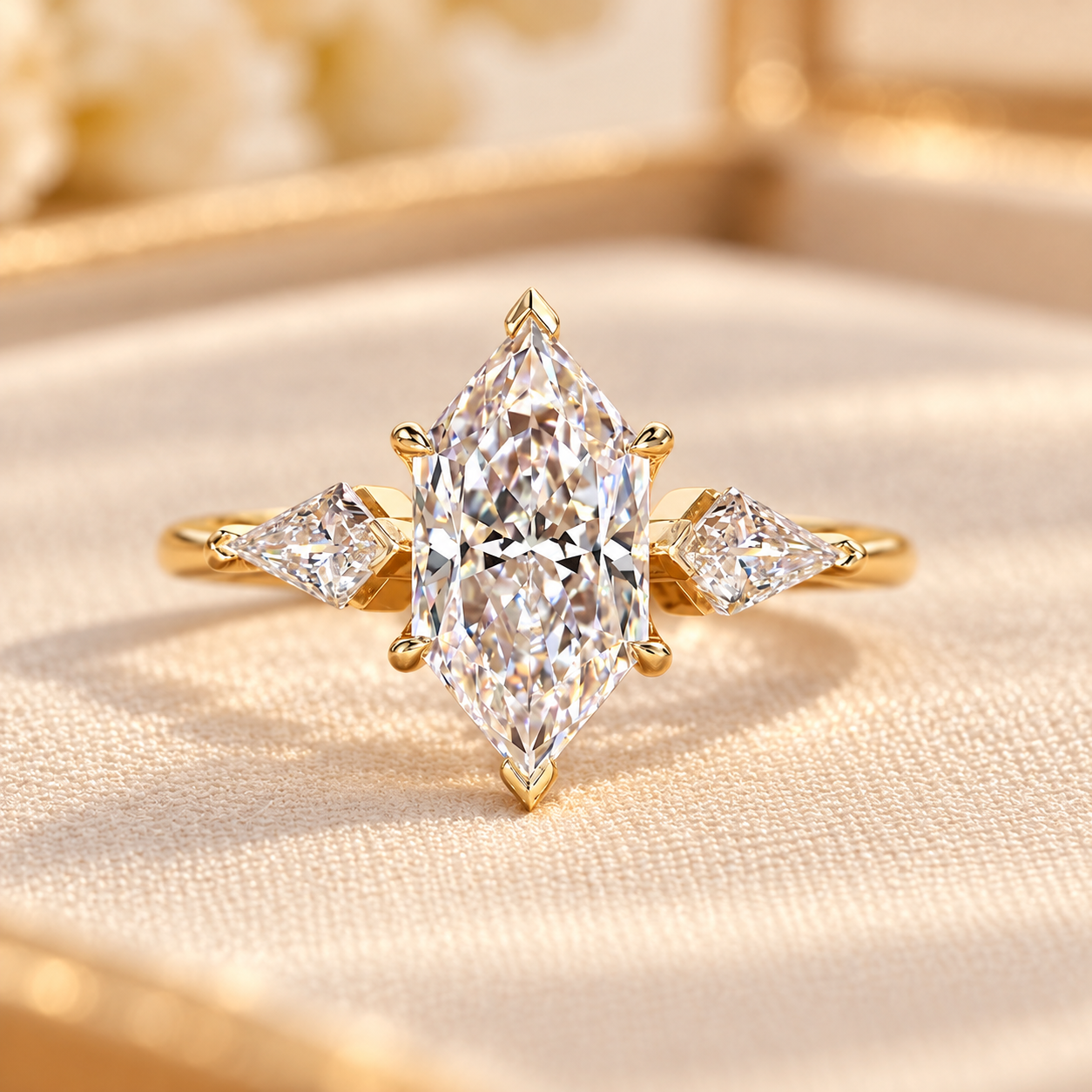 Marquise Diamond Gold Ring on Satin Dutch Marquise with Kite Cut Lab Grown Diamond Ring, Tulip Engagement Ring for Women, IGI Certified Diamond Trilogy Ring - Image 1
