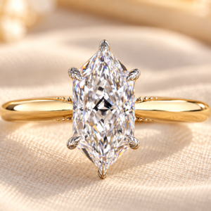 Dutch marquise tulip ring with an elongated lab grown center diamond and polished gold tone band, front view