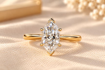 Front view of Dutch marquise lab grown diamond engagement ring with gold cathedral band