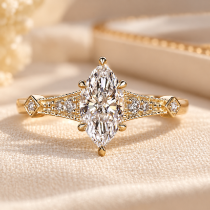 Vintage Marquise Lab-Grown Diamond Ring with Milgrain Band — front view of marquise and milgrain shoulders