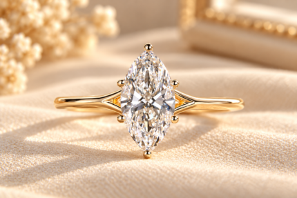 Split shank marquise ring with a colorless solitaire diamond and polished gold tone cathedral shoulders, front view