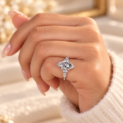 Front hand view of marquise diamond cluster engagement ring