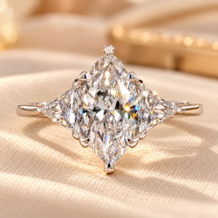 Front close-up of marquise lab diamond three stone ring