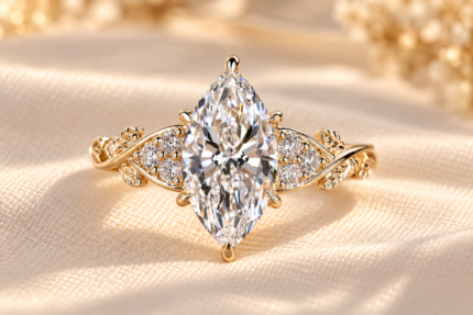 Marquise Muse engagement ring with a lab grown center diamond, round accents and gold tone botanical band, front view