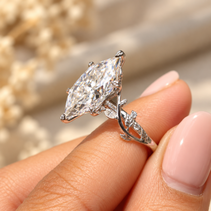 Side gallery of Dutch marquise moissanite ring with botanical leaf details