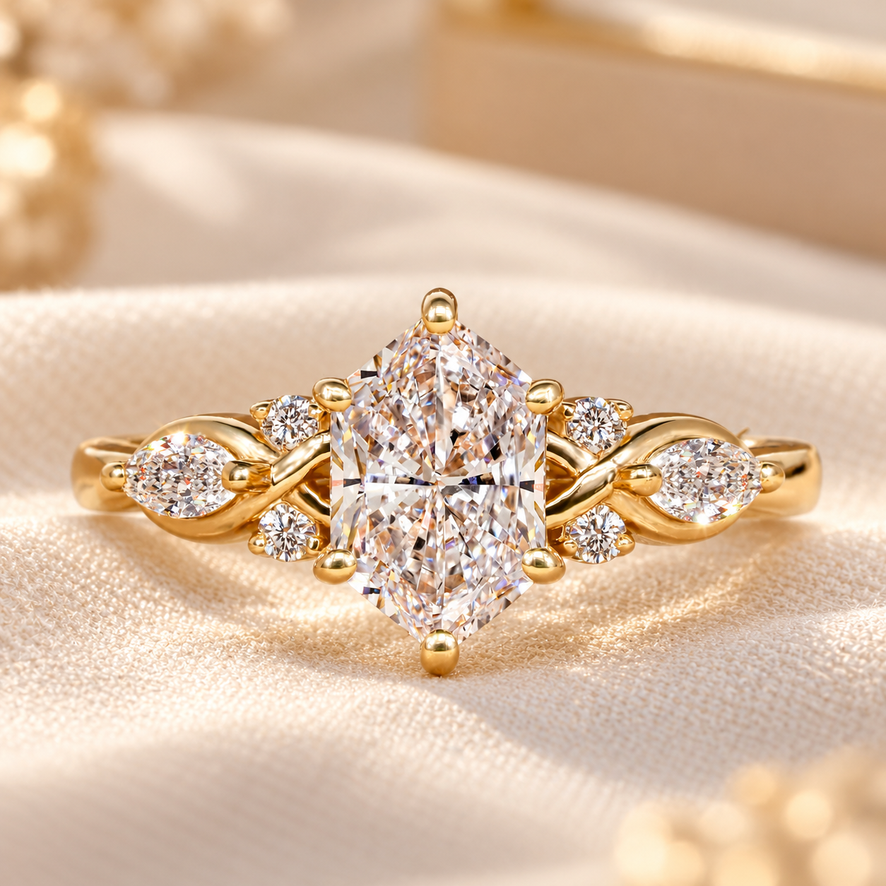 Marquise Gold Diamond Ring on Silk 1.00 Ct Dutch Marquise Cut Diamond Engagement Ring,Lab Grown Wedding Ring,IGI Certified,Antique Diamond,Anniversary Ring For Her - Image 1