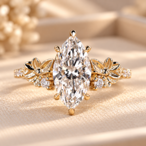 Front studio view of marquise lab diamond floral engagement ring