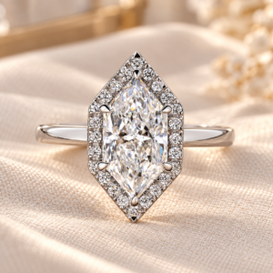 Dutch marquise halo ring with an elongated lab grown center diamond, round halo and white metal tone band, front view