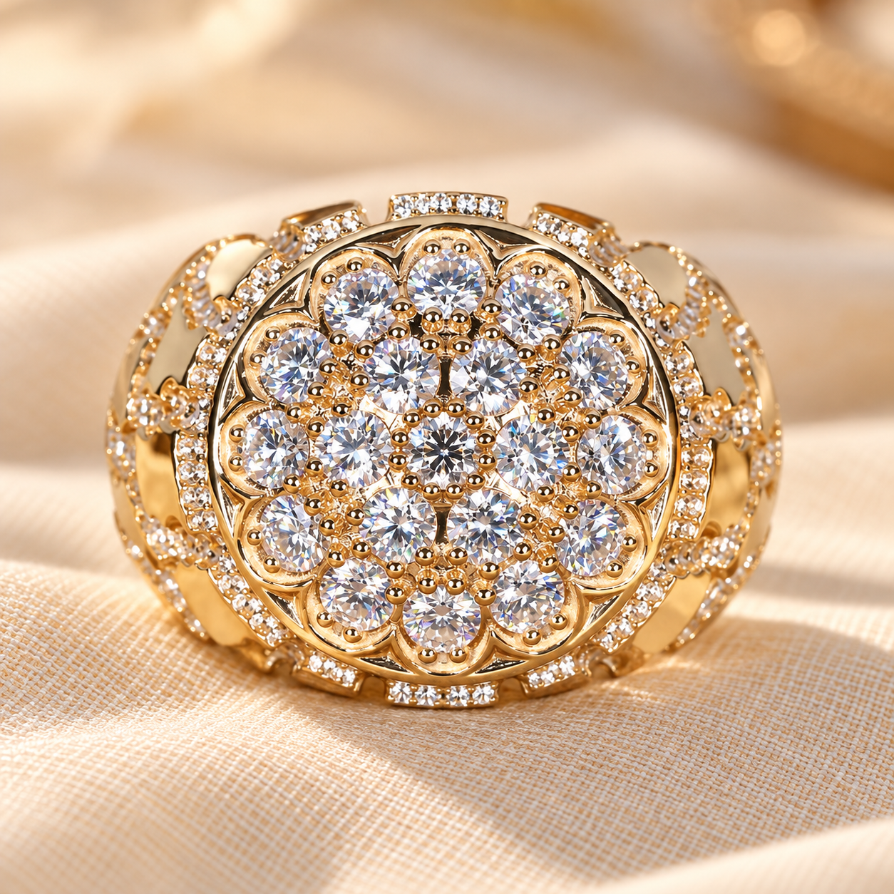 Ornate Gold Diamond Floral Ring Signet Ring for Him, 1.96 TW Round Lab Grown Diamond Men's Ring, Yellow/White/Rose Gold Ring, Anniversary Gift Ring, Diamond Ring for Him - Image 1