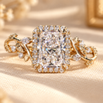 Radiant Cut Diamond Nature Inspired Halo Engagement Ring, Leaf and Petals Design Wedding Ring, Unique Propose Ring for Her, Anniversary Gift