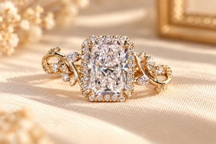 Front view of radiant lab grown diamond nature inspired halo engagement ring