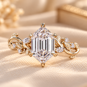 Front studio view of elongated hexagon lab diamond botanical ring