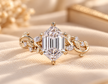 Front studio view of elongated hexagon lab diamond botanical ring