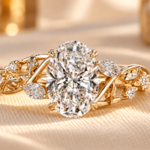 Oval nature inspired ring with a lab grown center diamond and leaf and petal details on a gold tone band, front view