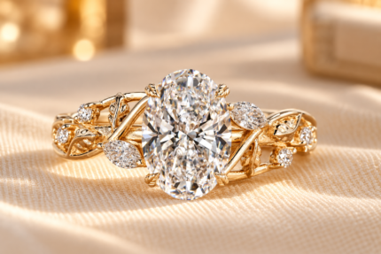 Oval nature inspired ring with a lab grown center diamond and leaf and petal details on a gold tone band, front view