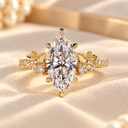Marquise lab diamond floral engagement ring, front view on cream fabric