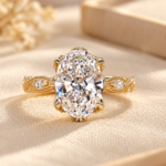 Vintage Oval Engagement Ring Lab Grown Diamond, Filigree Engraved Gold Band, Art Deco Wedding Ring for Her, Customized Anniversary Ring