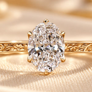 Flower engraved oval ring with a lab grown diamond and floral yellow gold tone shank, front view
