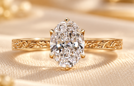 Flower engraved oval ring with a lab grown diamond and floral yellow gold tone shank, front view